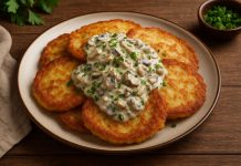 Картофельные блины с грибным соусом в домашних условиях