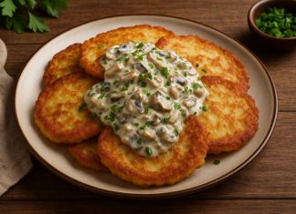Картофельные блины с грибным соусом в домашних условиях