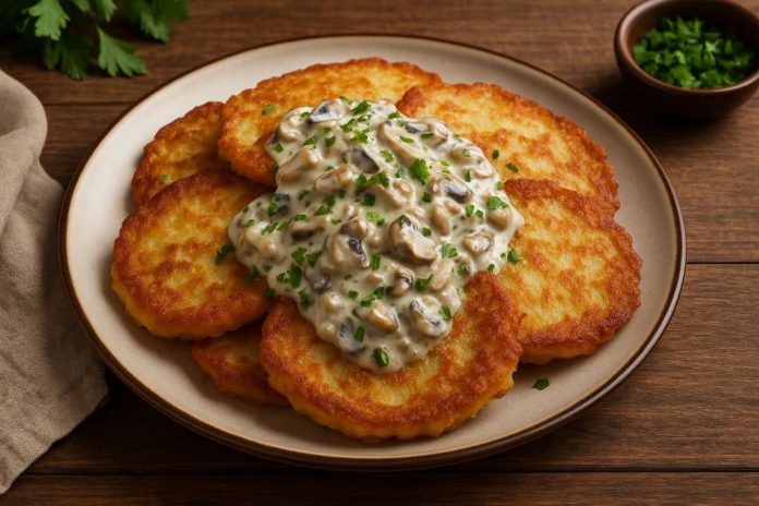 Картофельные блины с грибным соусом в домашних условиях