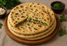 Хычины — один из символов карачаево-черкесской кухни. Это тонкие, румяные, невероятно ароматные лепёшки с начинкой, которые жарят на сухой сковороде, а затем щедро смазывают сливочным маслом. Их готовят на праздники, семейные встречи или просто к ужину — потому что хычины всегда получаются вкусными, сытными и очень домашними. Разновидностей хычинов много, но версия с зеленью и сыром — одна из самых любимых. Она сочетает свежесть порубленной зелени, солоноватую нежность сыра и мягкое тесто. Получается ароматная лепёшка с освежающим вкусом, которую часто подают с мацони, айраном или крепким чаем. Ингредиенты (на 6 хычинов) Для теста: Кефир или айран — 300 мл Мука — 500–550 г Сода — ½ ч. л. Соль — ½ ч. л. Растительное масло — 1 ст. л. Для начинки: Сыр (адыгейский, сулугуни или брынза) — 250 г Зелень (укроп, петрушка, зелёный лук, кинза) — 1 большой пучок Сливочное масло — 20–30 г для мягкости (по желанию) Для смазывания: Сливочное масло — 40–50 г Приготовление Тесто. В миске смешайте кефир, соль, соду и масло. Постепенно подсыпайте муку, замешивая эластичное, мягкое тесто. Оно должно легко растягиваться. Накройте и оставьте «отдохнуть» на 10–15 минут. Начинка. Мелко нарубите зелень. Сыр натрите или разомните вилкой. Смешайте сыр с зеленью, при желании добавьте немного сливочного масла. Посолите только если сыр несолёный. Формирование хычинов. Разделите тесто на 6 одинаковых шариков. Каждый раскатайте в лепёшку толщиной около 3 мм. В центр выложите начинку, соберите края «мешочком», защипните и аккуратно раскатайте в круг диаметром 22–24 см. Тесто тонкое, поэтому действуйте деликатно. Жарка. Разогрейте сухую сковороду (лучше чугунную). Жарьте по 2–3 минуты с каждой стороны до румяных пятен и лёгких пузырей. Готовые хычины сразу смазывайте сливочным маслом. Подача Подавайте горячими, сложив стопкой. Они особенно хороши с айраном, мацони, сметаной или просто с горячим чаем. Хычины с зеленью и сыром — яркое, ароматное блюдо, которое одновременно простое и невероятно вкусное, передающее дух карачаево-черкесской кухни.