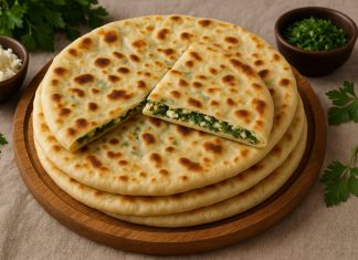 Хычины — один из символов карачаево-черкесской кухни. Это тонкие, румяные, невероятно ароматные лепёшки с начинкой, которые жарят на сухой сковороде, а затем щедро смазывают сливочным маслом. Их готовят на праздники, семейные встречи или просто к ужину — потому что хычины всегда получаются вкусными, сытными и очень домашними. Разновидностей хычинов много, но версия с зеленью и сыром — одна из самых любимых. Она сочетает свежесть порубленной зелени, солоноватую нежность сыра и мягкое тесто. Получается ароматная лепёшка с освежающим вкусом, которую часто подают с мацони, айраном или крепким чаем. Ингредиенты (на 6 хычинов) Для теста: Кефир или айран — 300 мл Мука — 500–550 г Сода — ½ ч. л. Соль — ½ ч. л. Растительное масло — 1 ст. л. Для начинки: Сыр (адыгейский, сулугуни или брынза) — 250 г Зелень (укроп, петрушка, зелёный лук, кинза) — 1 большой пучок Сливочное масло — 20–30 г для мягкости (по желанию) Для смазывания: Сливочное масло — 40–50 г Приготовление Тесто. В миске смешайте кефир, соль, соду и масло. Постепенно подсыпайте муку, замешивая эластичное, мягкое тесто. Оно должно легко растягиваться. Накройте и оставьте «отдохнуть» на 10–15 минут. Начинка. Мелко нарубите зелень. Сыр натрите или разомните вилкой. Смешайте сыр с зеленью, при желании добавьте немного сливочного масла. Посолите только если сыр несолёный. Формирование хычинов. Разделите тесто на 6 одинаковых шариков. Каждый раскатайте в лепёшку толщиной около 3 мм. В центр выложите начинку, соберите края «мешочком», защипните и аккуратно раскатайте в круг диаметром 22–24 см. Тесто тонкое, поэтому действуйте деликатно. Жарка. Разогрейте сухую сковороду (лучше чугунную). Жарьте по 2–3 минуты с каждой стороны до румяных пятен и лёгких пузырей. Готовые хычины сразу смазывайте сливочным маслом. Подача Подавайте горячими, сложив стопкой. Они особенно хороши с айраном, мацони, сметаной или просто с горячим чаем. Хычины с зеленью и сыром — яркое, ароматное блюдо, которое одновременно простое и невероятно вкусное, передающее дух карачаево-черкесской кухни.