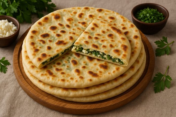 Хычины — один из символов карачаево-черкесской кухни. Это тонкие, румяные, невероятно ароматные лепёшки с начинкой, которые жарят на сухой сковороде, а затем щедро смазывают сливочным маслом. Их готовят на праздники, семейные встречи или просто к ужину — потому что хычины всегда получаются вкусными, сытными и очень домашними. Разновидностей хычинов много, но версия с зеленью и сыром — одна из самых любимых. Она сочетает свежесть порубленной зелени, солоноватую нежность сыра и мягкое тесто. Получается ароматная лепёшка с освежающим вкусом, которую часто подают с мацони, айраном или крепким чаем. Ингредиенты (на 6 хычинов) Для теста: Кефир или айран — 300 мл Мука — 500–550 г Сода — ½ ч. л. Соль — ½ ч. л. Растительное масло — 1 ст. л. Для начинки: Сыр (адыгейский, сулугуни или брынза) — 250 г Зелень (укроп, петрушка, зелёный лук, кинза) — 1 большой пучок Сливочное масло — 20–30 г для мягкости (по желанию) Для смазывания: Сливочное масло — 40–50 г Приготовление Тесто. В миске смешайте кефир, соль, соду и масло. Постепенно подсыпайте муку, замешивая эластичное, мягкое тесто. Оно должно легко растягиваться. Накройте и оставьте «отдохнуть» на 10–15 минут. Начинка. Мелко нарубите зелень. Сыр натрите или разомните вилкой. Смешайте сыр с зеленью, при желании добавьте немного сливочного масла. Посолите только если сыр несолёный. Формирование хычинов. Разделите тесто на 6 одинаковых шариков. Каждый раскатайте в лепёшку толщиной около 3 мм. В центр выложите начинку, соберите края «мешочком», защипните и аккуратно раскатайте в круг диаметром 22–24 см. Тесто тонкое, поэтому действуйте деликатно. Жарка. Разогрейте сухую сковороду (лучше чугунную). Жарьте по 2–3 минуты с каждой стороны до румяных пятен и лёгких пузырей. Готовые хычины сразу смазывайте сливочным маслом. Подача Подавайте горячими, сложив стопкой. Они особенно хороши с айраном, мацони, сметаной или просто с горячим чаем. Хычины с зеленью и сыром — яркое, ароматное блюдо, которое одновременно простое и невероятно вкусное, передающее дух карачаево-черкесской кухни.