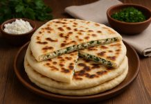 Чепалгаш — одно из самых известных и любимых блюд чеченской кухни. Это тонкие, мягкие лепёшки с начинкой, которые жарят на сухой сковороде или в печи, а затем щедро смазывают сливочным маслом. Самая популярная начинка — творог с зеленью. Такое блюдо готовят к завтраку, на праздники и просто, когда хочется домашнего уюта. Чепалгаш похож на осетинские пироги, но имеет свой особый вкус — лёгкий, молочный, с ароматом свежей зелени и мягкой кислинкой творога. Ингредиенты (на 4 лепёшки): Для теста: Кефир или простокваша — 250 мл Мука — около 400–450 г Сода — ½ ч. л. Соль — ½ ч. л. Растительное масло — 1 ст. л. Для начинки: Творог — 300 г (лучше домашний или зернистый) Зелень (укроп, зелёный лук, кинза, шпинат) — 1 пучок Соль — по вкусу По желанию: немного сливочного масла или натёртого сыра для нежности Для смазывания: Сливочное масло — 40–50 г Приготовление Тесто. В глубокой миске смешайте кефир, соль и соду. Постепенно добавляйте муку, замешивая мягкое тесто. Оно не должно липнуть к рукам. Накройте полотенцем и оставьте на 15–20 минут. Начинка. Мелко нарежьте зелень, соедините с творогом, посолите и хорошо перемешайте. Если творог сухой, добавьте ложку сметаны или немного сливочного масла. Формирование. Разделите тесто на 4 части. Каждую раскатайте в лепёшку толщиной около 3 мм. В центр выложите начинку, соберите края «мешочком» и аккуратно раскатайте снова в круг диаметром 20–22 см. Жарка. Разогрейте сухую сковороду и обжаривайте чепалгаш с двух сторон до золотистой корочки. После жарки сразу смажьте сливочным маслом. Подача Подавайте горячими, разрезав на секторы. Идеально сочетается с айраном, мацони или горячим чаем. Тёплый чепалгаш — это вкус детства и уют чеченского дома: мягкий, с ароматом свежей зелени и домашнего тепла.