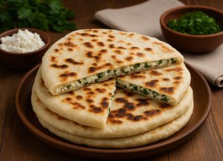 Чепалгаш — одно из самых известных и любимых блюд чеченской кухни. Это тонкие, мягкие лепёшки с начинкой, которые жарят на сухой сковороде или в печи, а затем щедро смазывают сливочным маслом. Самая популярная начинка — творог с зеленью. Такое блюдо готовят к завтраку, на праздники и просто, когда хочется домашнего уюта. Чепалгаш похож на осетинские пироги, но имеет свой особый вкус — лёгкий, молочный, с ароматом свежей зелени и мягкой кислинкой творога. Ингредиенты (на 4 лепёшки): Для теста: Кефир или простокваша — 250 мл Мука — около 400–450 г Сода — ½ ч. л. Соль — ½ ч. л. Растительное масло — 1 ст. л. Для начинки: Творог — 300 г (лучше домашний или зернистый) Зелень (укроп, зелёный лук, кинза, шпинат) — 1 пучок Соль — по вкусу По желанию: немного сливочного масла или натёртого сыра для нежности Для смазывания: Сливочное масло — 40–50 г Приготовление Тесто. В глубокой миске смешайте кефир, соль и соду. Постепенно добавляйте муку, замешивая мягкое тесто. Оно не должно липнуть к рукам. Накройте полотенцем и оставьте на 15–20 минут. Начинка. Мелко нарежьте зелень, соедините с творогом, посолите и хорошо перемешайте. Если творог сухой, добавьте ложку сметаны или немного сливочного масла. Формирование. Разделите тесто на 4 части. Каждую раскатайте в лепёшку толщиной около 3 мм. В центр выложите начинку, соберите края «мешочком» и аккуратно раскатайте снова в круг диаметром 20–22 см. Жарка. Разогрейте сухую сковороду и обжаривайте чепалгаш с двух сторон до золотистой корочки. После жарки сразу смажьте сливочным маслом. Подача Подавайте горячими, разрезав на секторы. Идеально сочетается с айраном, мацони или горячим чаем. Тёплый чепалгаш — это вкус детства и уют чеченского дома: мягкий, с ароматом свежей зелени и домашнего тепла.