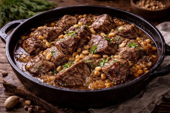 Тушёная говядина с кедровыми орехами по-сибирски (Красноярский край)