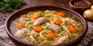 Куриный бульон с домашней лапшой по-биробиджански в домашних условиях Куриный бульон с домашней лапшой по-биробиджански в домашних условиях