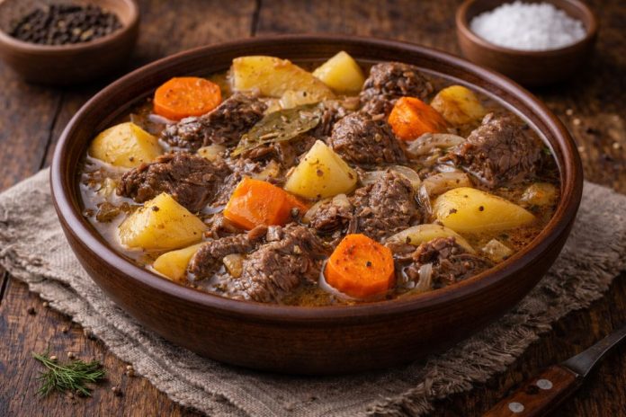 Тушёная говядина с луком и корнеплодами по-забайкальски (Забайкальский край) Тушёная говядина с луком и корнеплодами по-забайкальски (Забайкальский край)