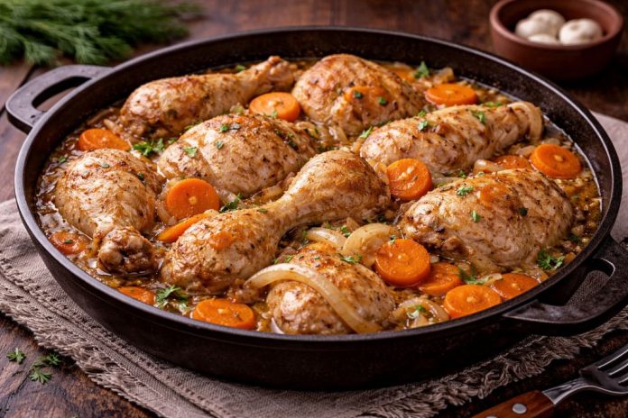 Тушёная курица с луком и морковью по-биробиджански в домашних условиях (Еврейская автономная область) Тушёная курица с луком и морковью по-биробиджански в домашних условиях (Еврейская автономная область)