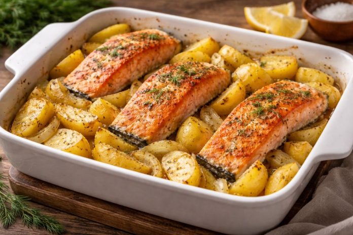 Запечённый кижуч с картофелем по-камчатски в духовке