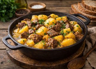 Тушёная говядина с картофелем — классическое сытное блюдо, характерное для домашней кухни Дальнего Востока. В Еврейской автономной области его готовят просто, без сложных соусов, делая акцент на натуральном вкусе мяса и овощей. Долгое томление позволяет говядине стать мягкой, а картофелю — впитать насыщенный мясной бульон. Ингредиенты — Говядина (лопатка или шея) — 700 г — Картофель — 800 г — Лук — 2 шт. — Морковь — 1 шт. — Чеснок — 2–3 зубчика — Растительное масло — 2–3 ст. л. — Лавровый лист — 2 шт. — Соль, чёрный перец — по вкусу — Вода или бульон — 400–500 мл — Зелень (по желанию) Приготовление Говядину нарезают крупными кусками, примерно 3–4 см. В глубокой сковороде или казане разогревают масло и обжаривают мясо на сильном огне до румяной корочки. Это важно — именно обжарка даёт насыщенный вкус будущему блюду. Лук нарезают полукольцами, морковь — кружочками или брусочками. Добавляют овощи к мясу и обжаривают вместе 5–7 минут до мягкости. Затем кладут измельчённый чеснок и перемешивают. После этого вливают воду или бульон так, чтобы жидкость почти покрывала мясо. Добавляют лавровый лист, соль и перец. Уменьшают огонь до слабого, накрывают крышкой и тушат около 50–60 минут, пока говядина не станет мягкой. Картофель очищают и режут крупными кусками. Добавляют его в казан, при необходимости доливают немного воды. Тушат ещё 25–30 минут до готовности картофеля. Важно не мешать слишком часто, чтобы куски сохранили форму. В конце проверяют соль, при необходимости корректируют вкус и дают блюду настояться под крышкой 10–15 минут. Подача Подают горячим, посыпав свежей зеленью. Блюдо получается густым, с насыщенным бульоном, поэтому не требует дополнительных гарниров. Хорошо сочетается с чёрным хлебом или домашними лепёшками. На следующий день вкус становится ещё более глубоким, так как мясо и картофель полностью пропитываются соками.