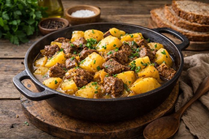 Тушёная говядина с картофелем — классическое сытное блюдо, характерное для домашней кухни Дальнего Востока. В Еврейской автономной области его готовят просто, без сложных соусов, делая акцент на натуральном вкусе мяса и овощей. Долгое томление позволяет говядине стать мягкой, а картофелю — впитать насыщенный мясной бульон. Ингредиенты — Говядина (лопатка или шея) — 700 г — Картофель — 800 г — Лук — 2 шт. — Морковь — 1 шт. — Чеснок — 2–3 зубчика — Растительное масло — 2–3 ст. л. — Лавровый лист — 2 шт. — Соль, чёрный перец — по вкусу — Вода или бульон — 400–500 мл — Зелень (по желанию) Приготовление Говядину нарезают крупными кусками, примерно 3–4 см. В глубокой сковороде или казане разогревают масло и обжаривают мясо на сильном огне до румяной корочки. Это важно — именно обжарка даёт насыщенный вкус будущему блюду. Лук нарезают полукольцами, морковь — кружочками или брусочками. Добавляют овощи к мясу и обжаривают вместе 5–7 минут до мягкости. Затем кладут измельчённый чеснок и перемешивают. После этого вливают воду или бульон так, чтобы жидкость почти покрывала мясо. Добавляют лавровый лист, соль и перец. Уменьшают огонь до слабого, накрывают крышкой и тушат около 50–60 минут, пока говядина не станет мягкой. Картофель очищают и режут крупными кусками. Добавляют его в казан, при необходимости доливают немного воды. Тушат ещё 25–30 минут до готовности картофеля. Важно не мешать слишком часто, чтобы куски сохранили форму. В конце проверяют соль, при необходимости корректируют вкус и дают блюду настояться под крышкой 10–15 минут. Подача Подают горячим, посыпав свежей зеленью. Блюдо получается густым, с насыщенным бульоном, поэтому не требует дополнительных гарниров. Хорошо сочетается с чёрным хлебом или домашними лепёшками. На следующий день вкус становится ещё более глубоким, так как мясо и картофель полностью пропитываются соками.