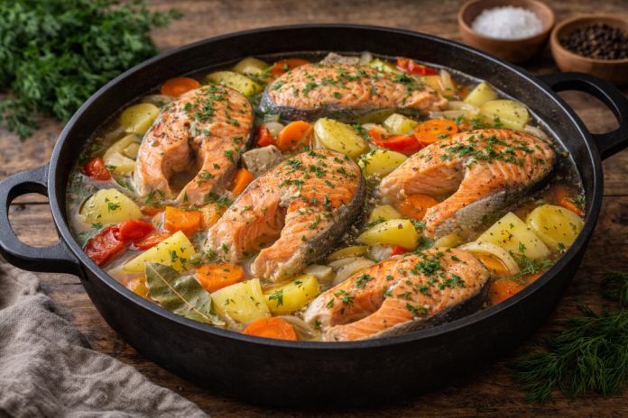 Тушёная рыба с овощами по-камчатски в домашних условиях Тушёная рыба с овощами по-камчатски в домашних условиях