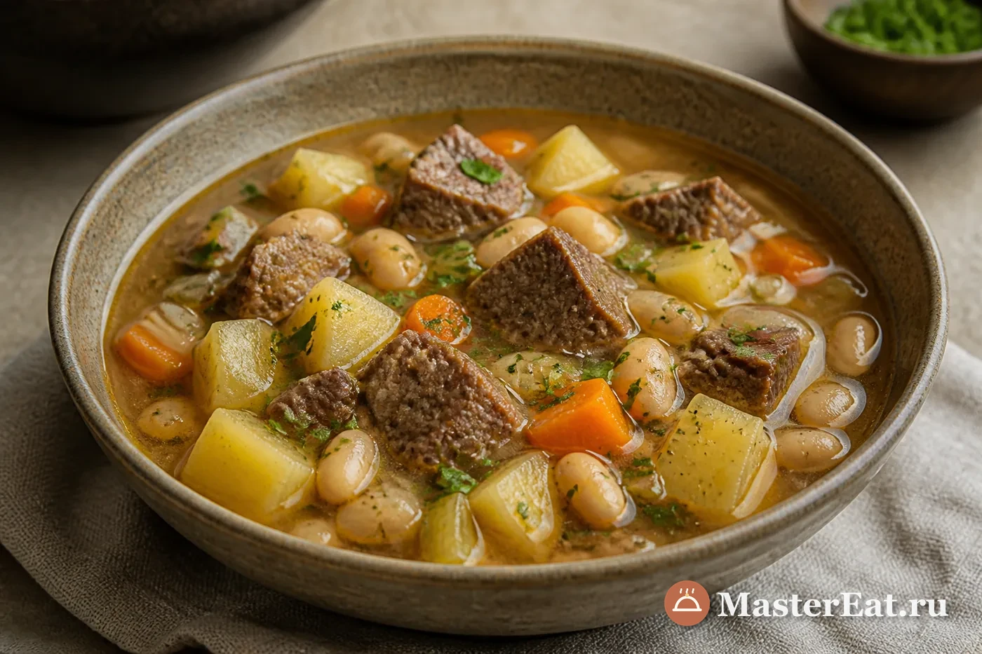 Немецкий айнтопф с говядиной, картофелем, фасолью и овощами