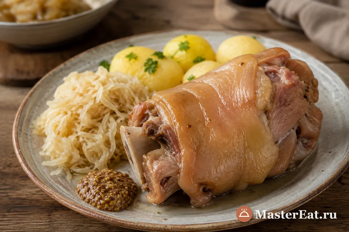 Немецкий айсбайн с квашеной капустой и картофелем