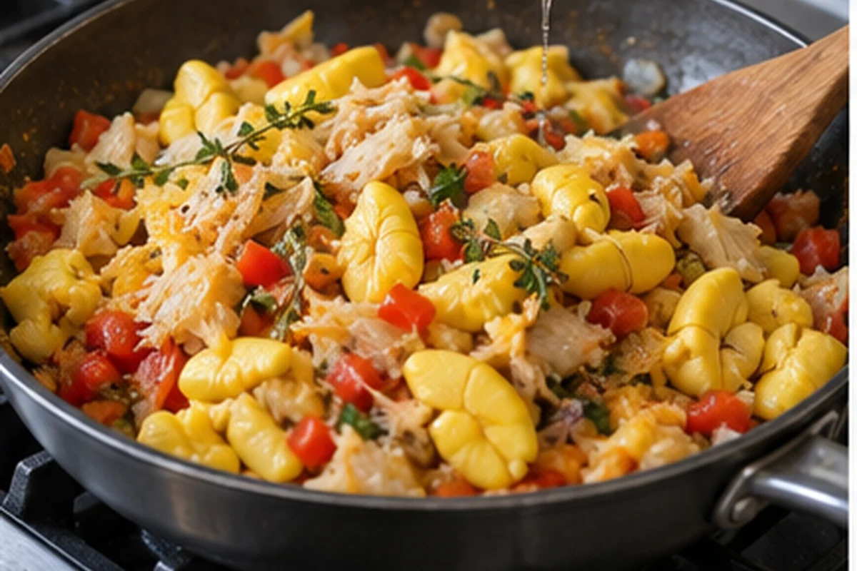 Акки аккуратно смешан с рыбой и овощами