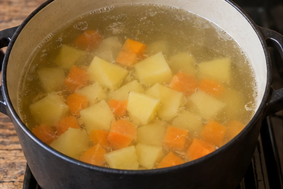Шаг 5: картофель кубиками, оставшуюся морковь кружочками, положите в бульон и варите 10 минут