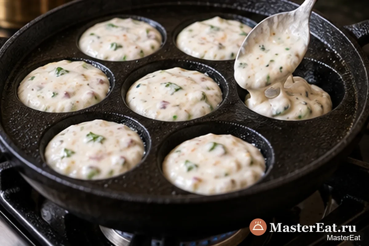 Аппе с луком и зеленью: Заполняют ячейки сковороды тестом
