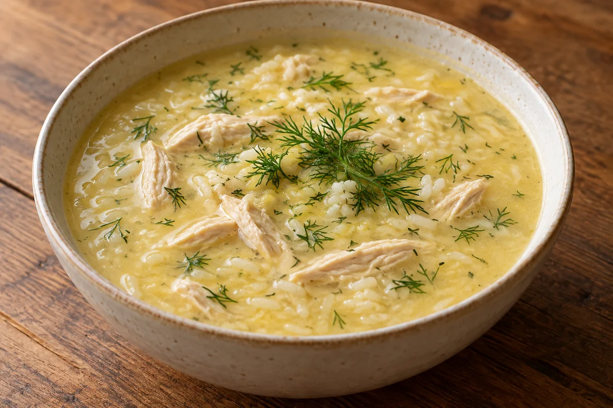 Греческий суп авголемоно с курицей, рисом и укропом