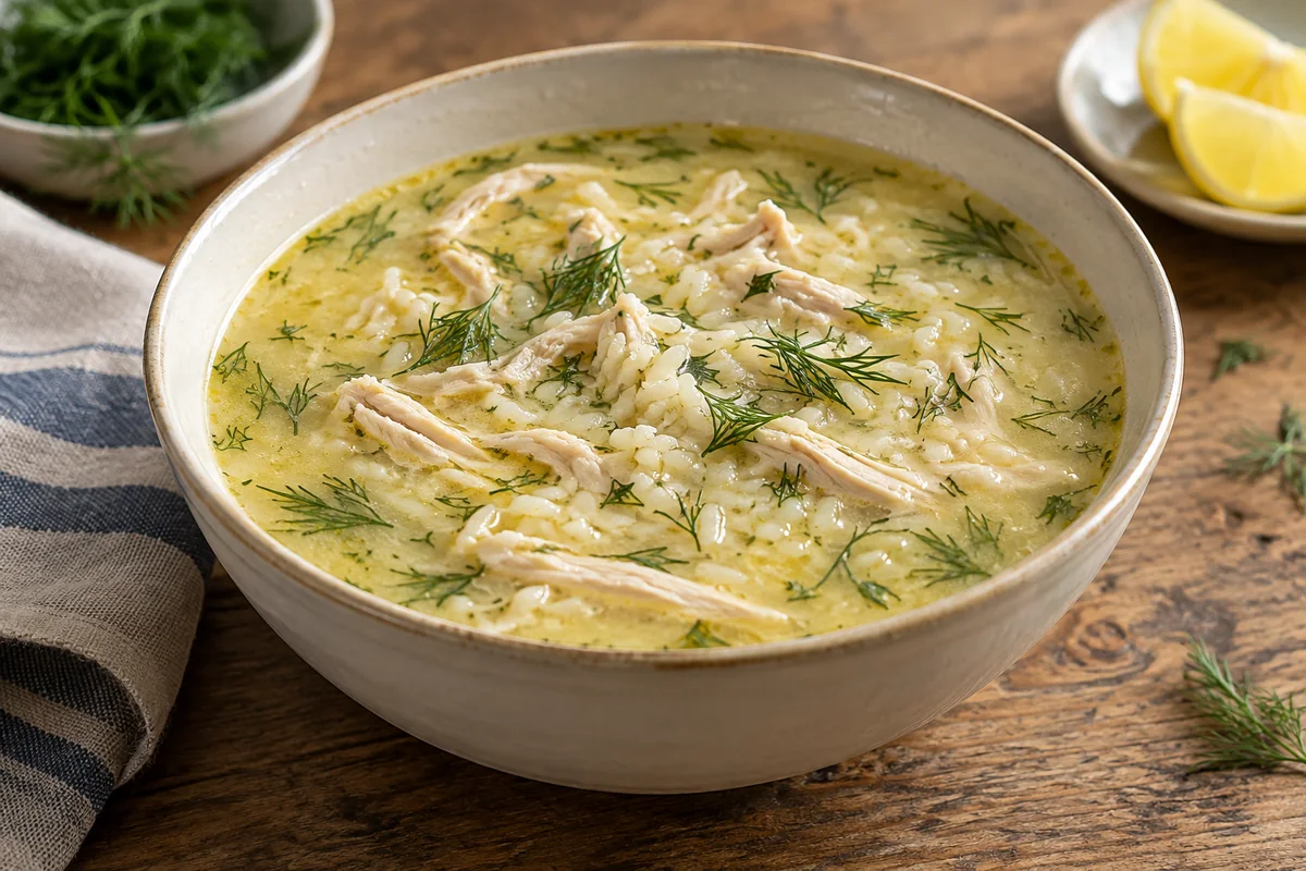 Готовое авголемоно с курицей, рисом и укропом в тарелке