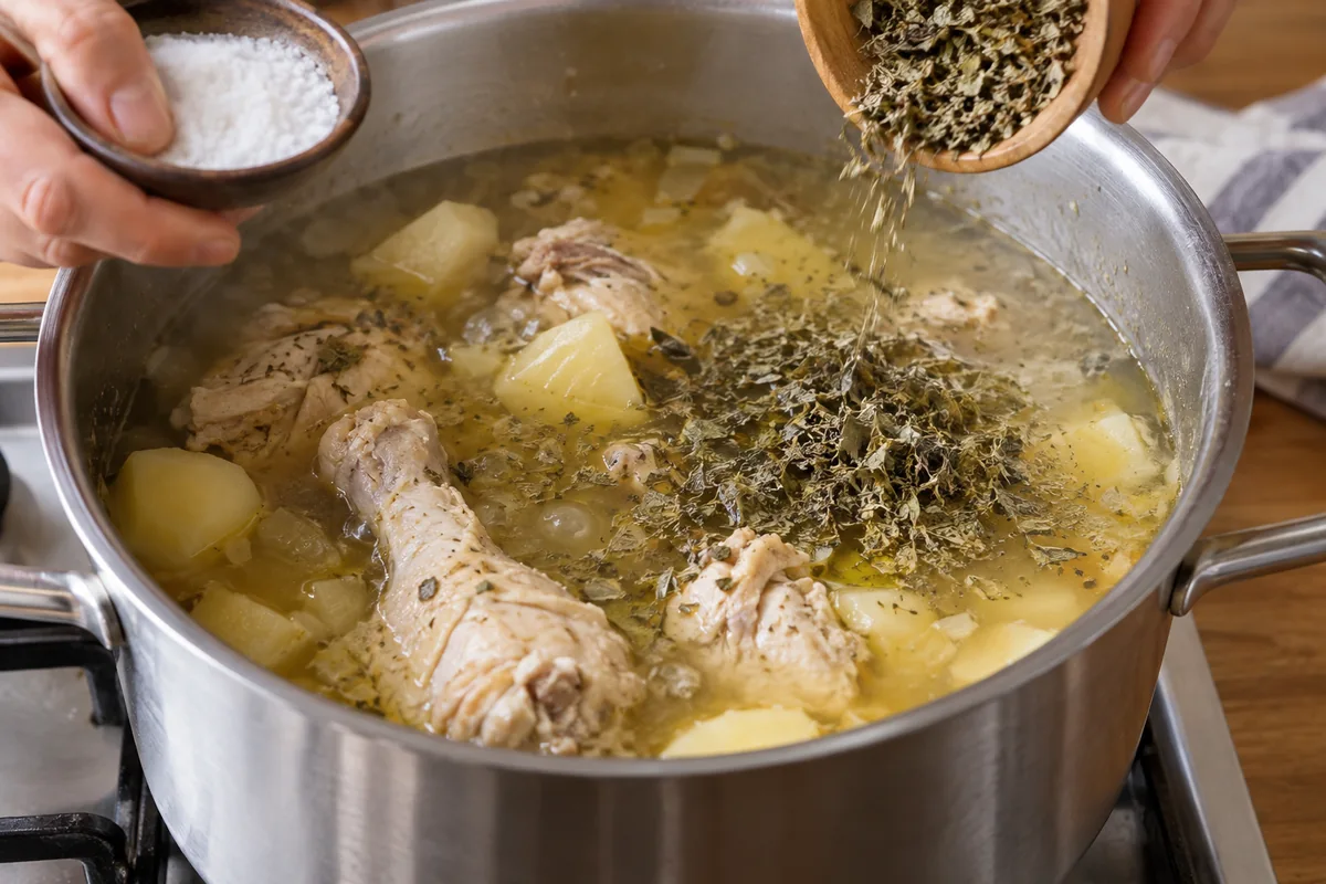 Шаг 7: Верните куриное мясо, добавьте гуаску и оставшуюся соль. Готовьте ещё 8–10 минут.