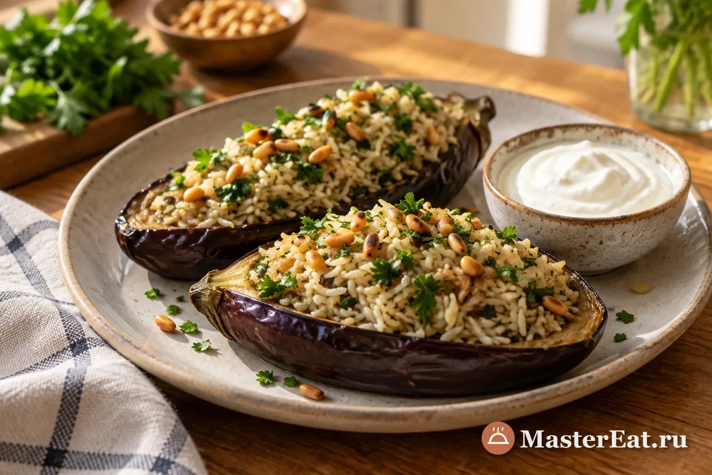Паровые баклажаны с рисовой начинкой и золотистыми кедровыми орехами