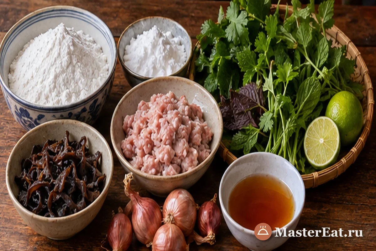 Рисовая мука, тапиоковый крахмал, свинина, древесные грибы и зелень