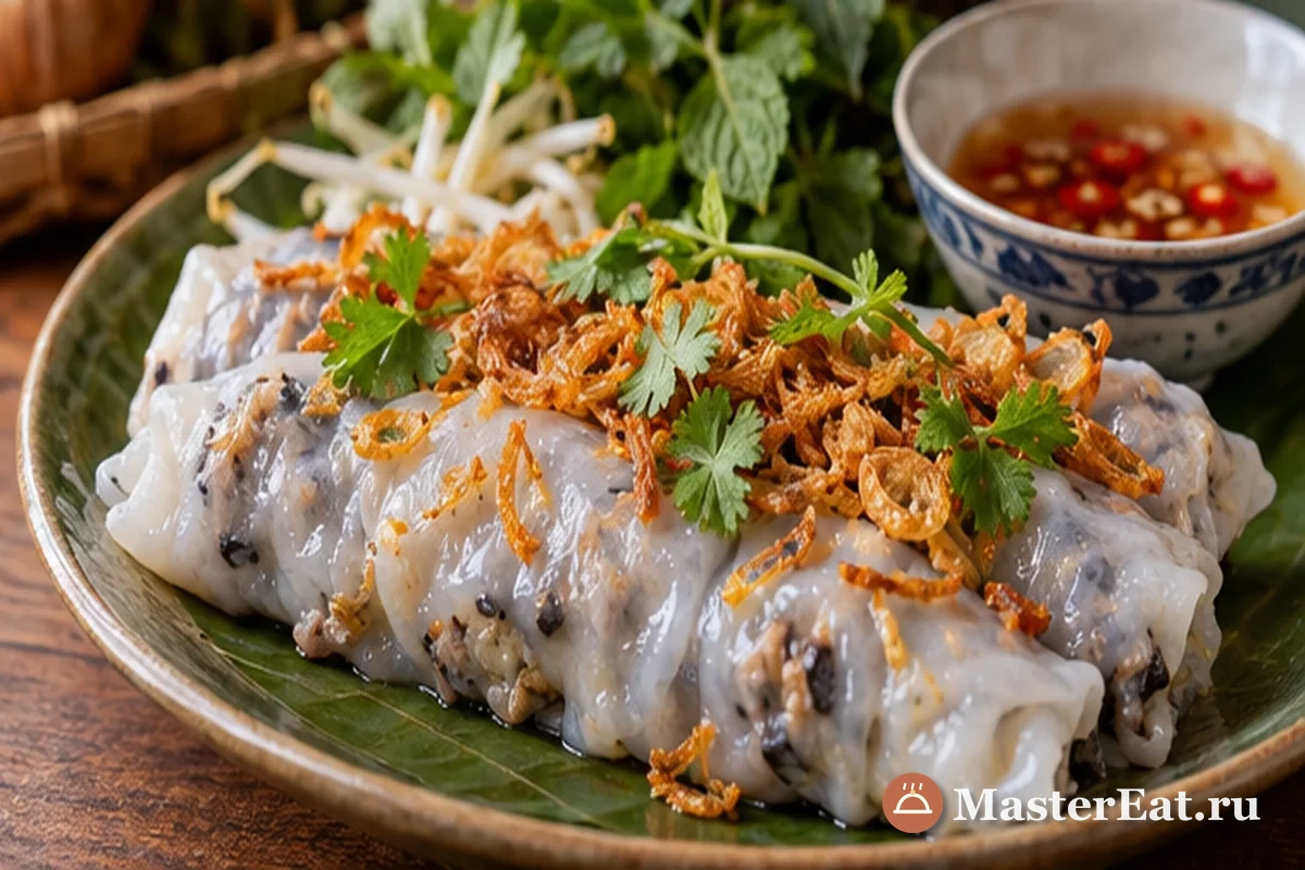 Бань куон подают тёплыми с жареным луком, зеленью и соусом