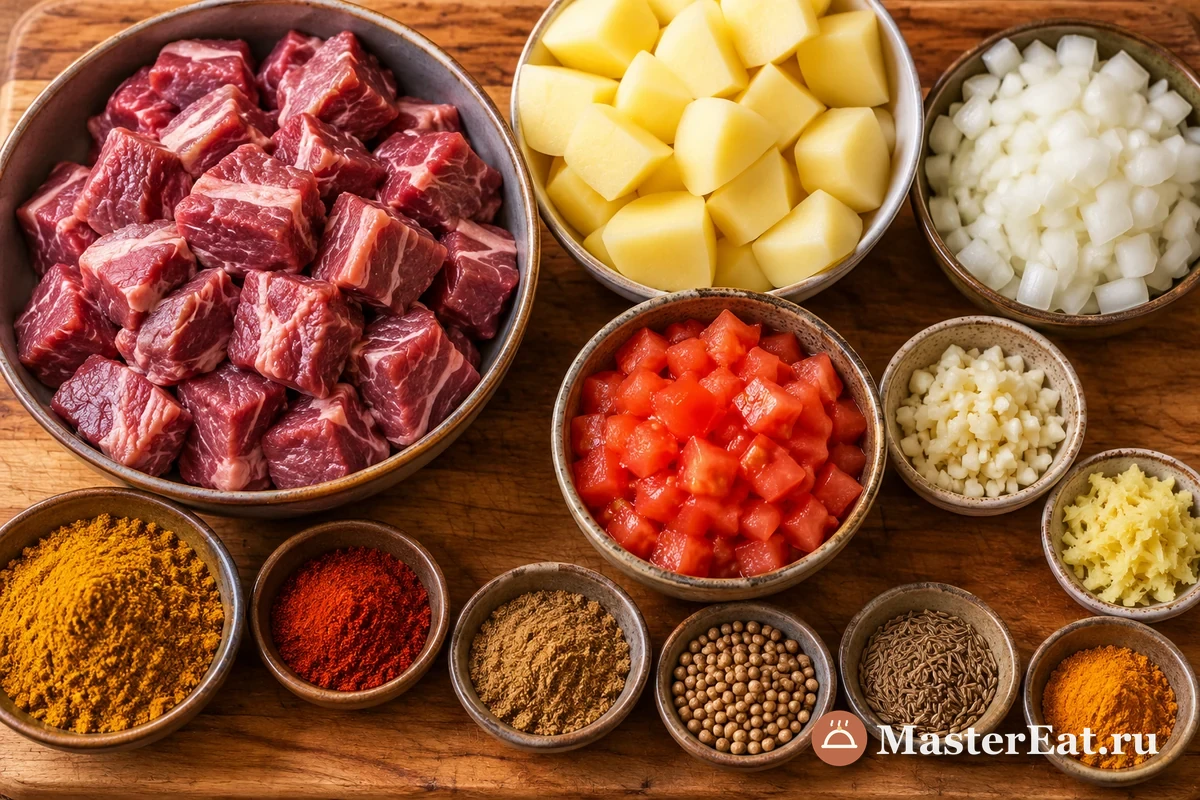 Подготовленные продукты для банни-чау: баранина, картофель, лук, помидоры и специи