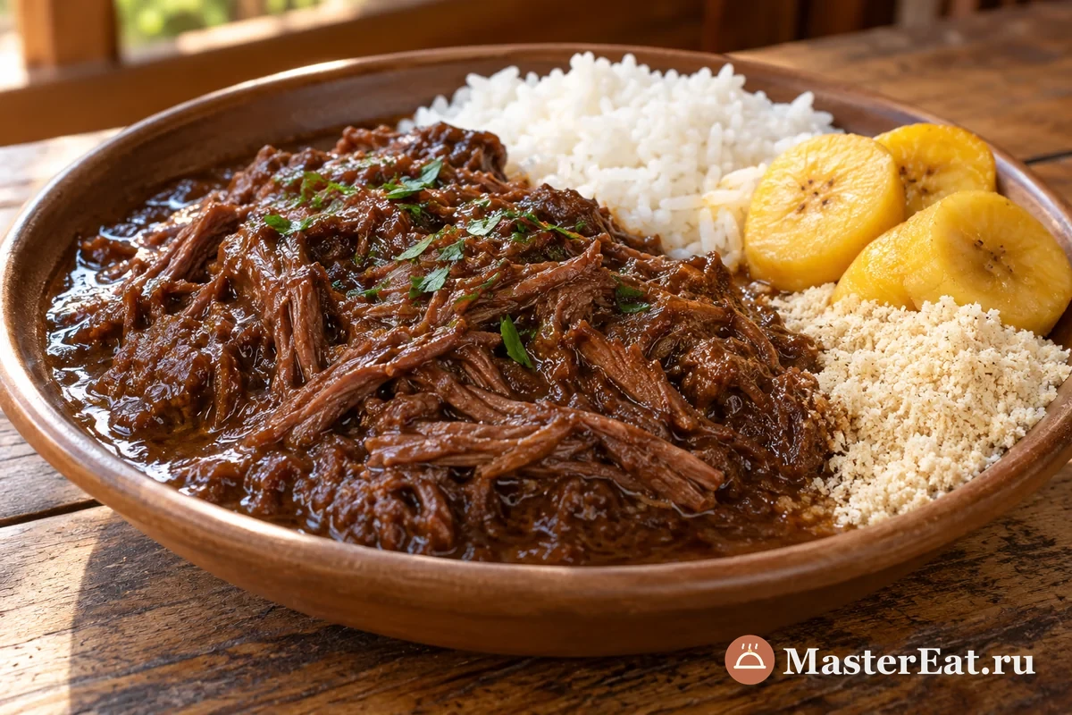 Барреадо из томлёной говядины с рисом, ломтиками банана и маниоковой мукой