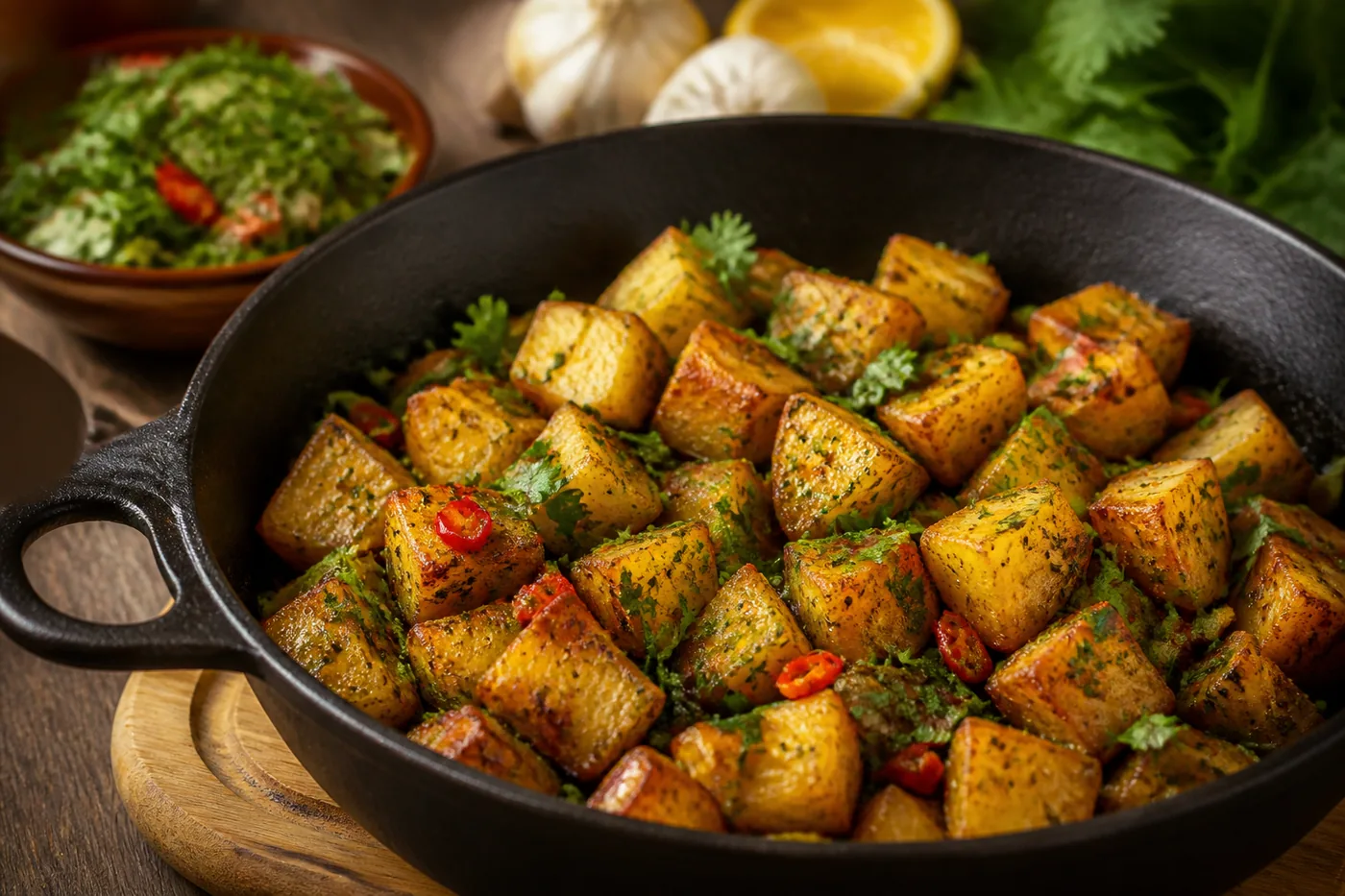 Ливанский острый картофель батата харра с кинзой