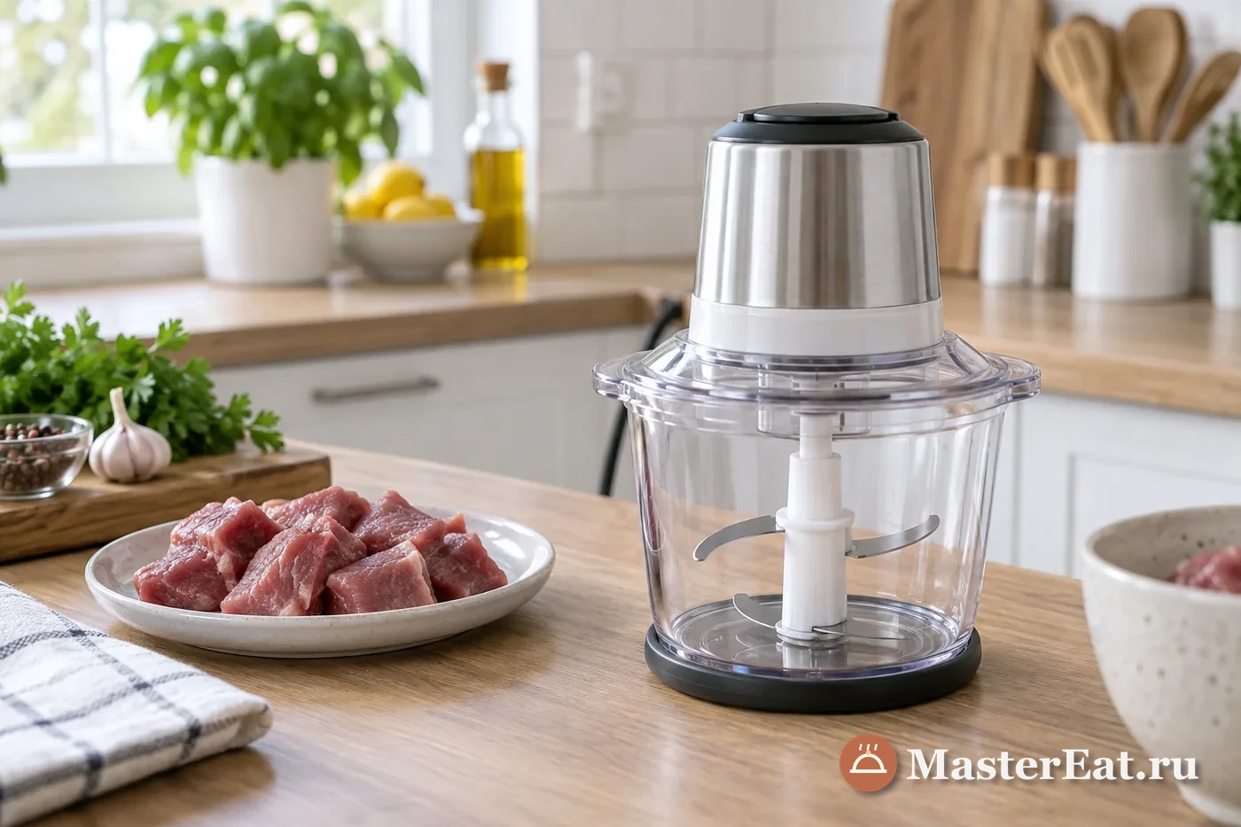 Чаша измельчителя и подготовленные кусочки мяса