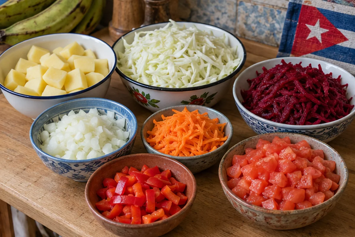 Картофель режут кубиками; капусту шинкуют, а лук, морковь, перец, помидоры и свёклу подготавливают отдельно.