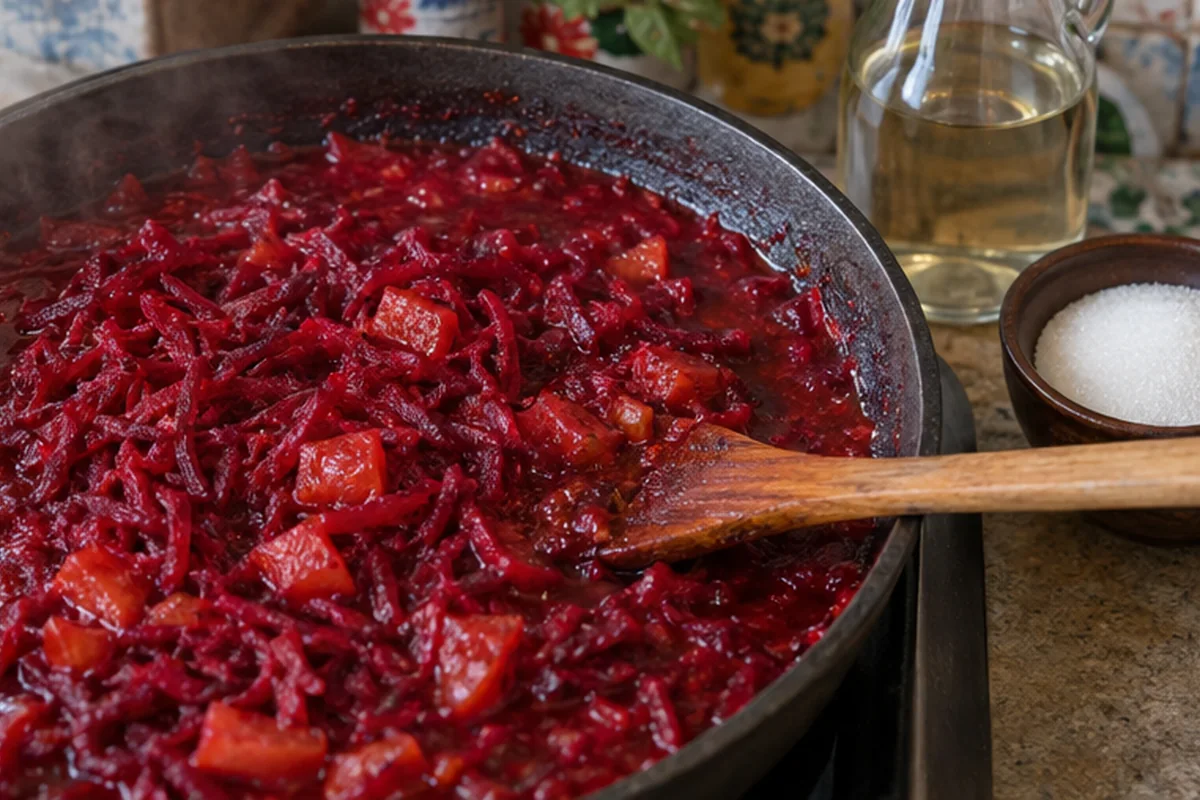 Свёклу соединяют с помидорами, уксусом и сахаром, затем тушат до мягкости.