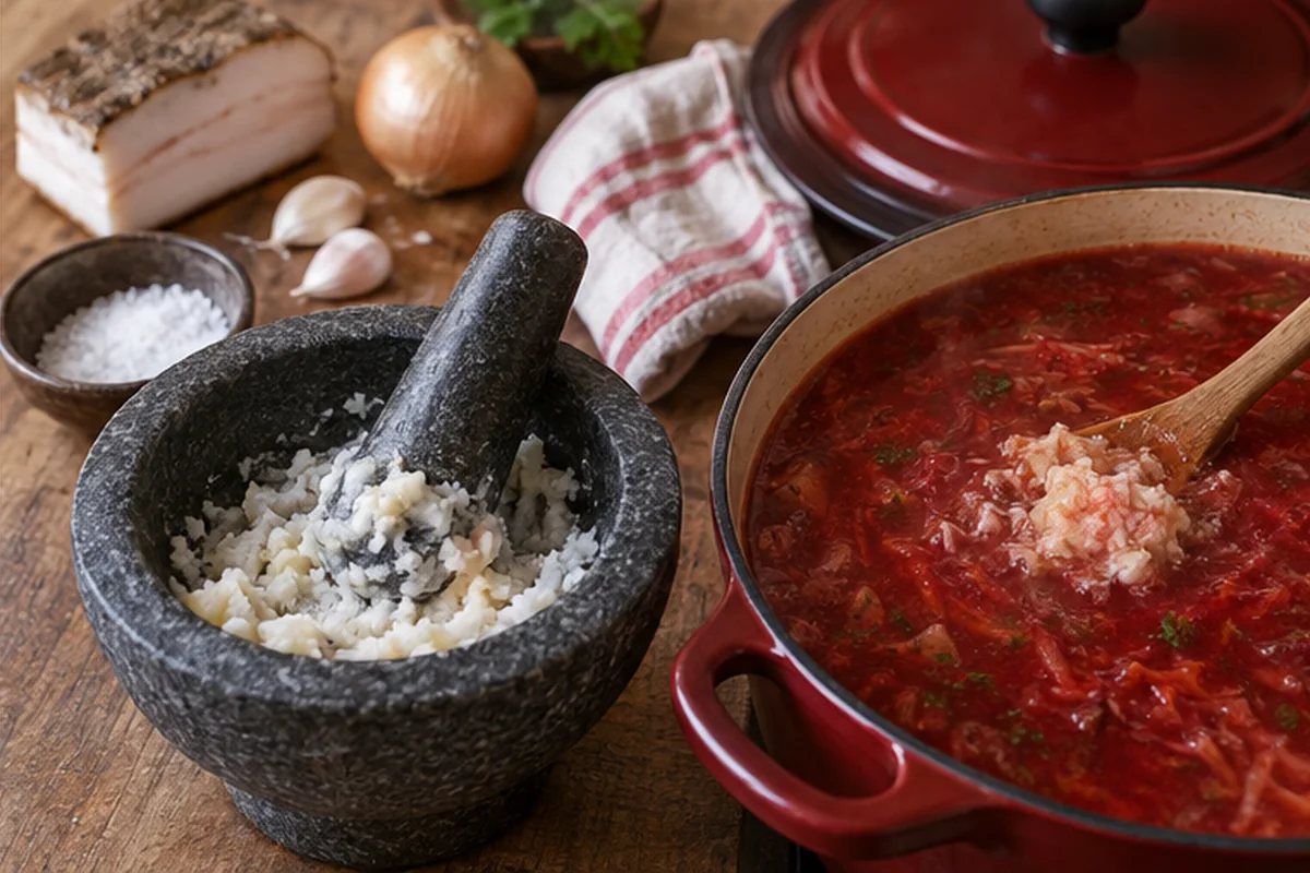 Сало растирают с луком, чесноком и солью, вмешивают в борщ и оставляют суп настояться под крышкой.
