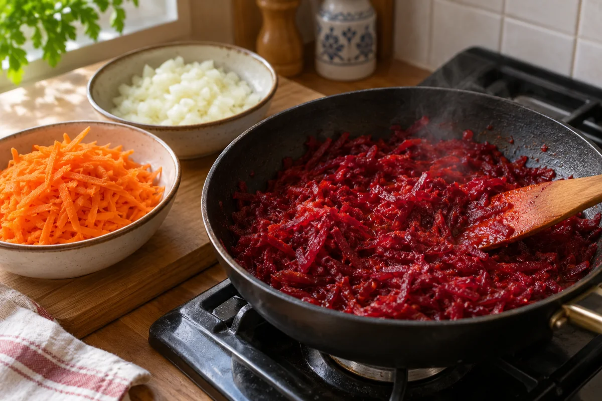 Шаг 3. Овощи: Натёртую свёклу обжарьте с уксусом, сахаром и томатной пастой до мягкости.