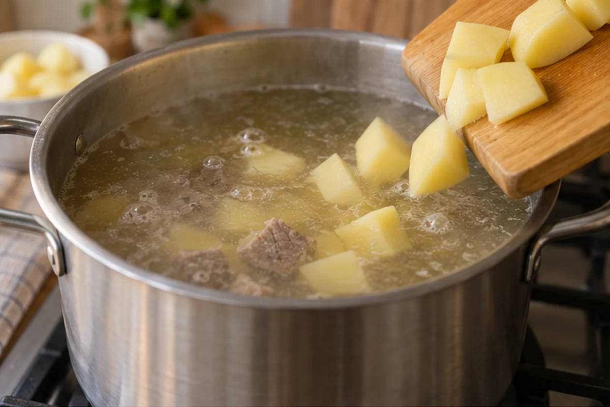 Шаг 5. Верните бульон на огонь, положите картофель крупными кубиками и варите 8 минут.