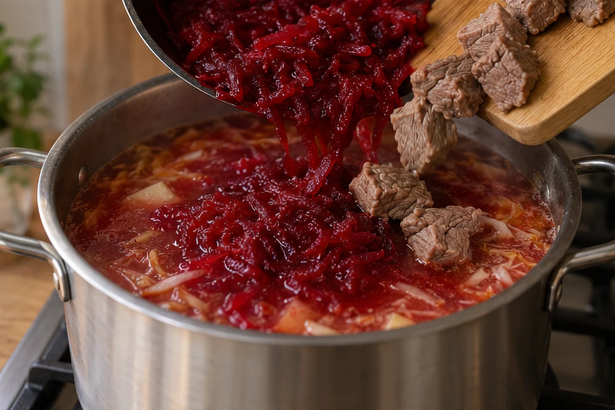 Шаг 7. Переложите в кастрюлю свекольную заправку и мясо, добавьте оставшуюся соль и варите на слабом огне 10 минут.