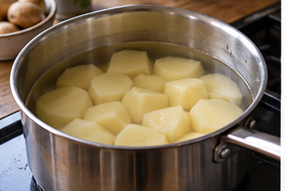 Очищенный картофель нарезан одинаковыми кусками и залит водой