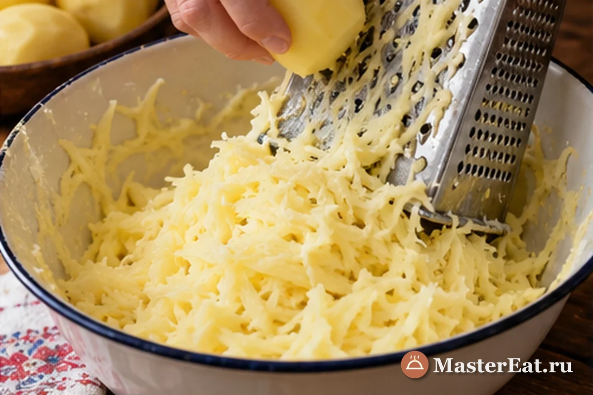 Очищенный картофель натирают на мелкой тёрке для словацких галушек