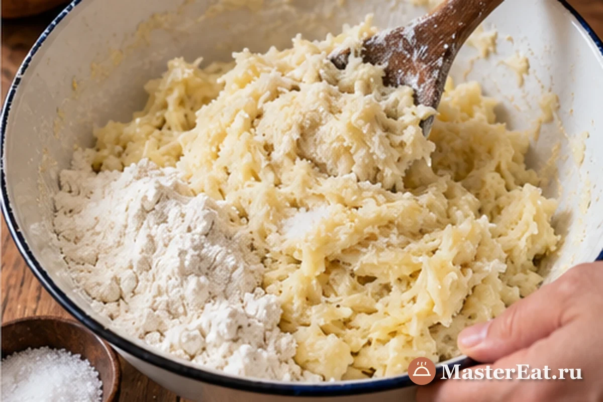 Тёртый картофель соединяют с яйцом, мукой и солью