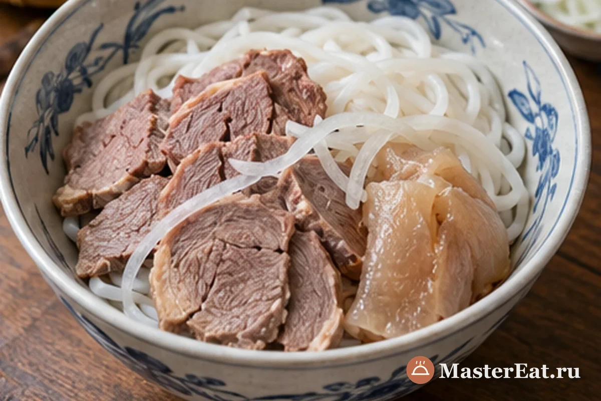 Рисовую лапшу и кусочки мяса раскладывают по мискам перед добавлением бульона