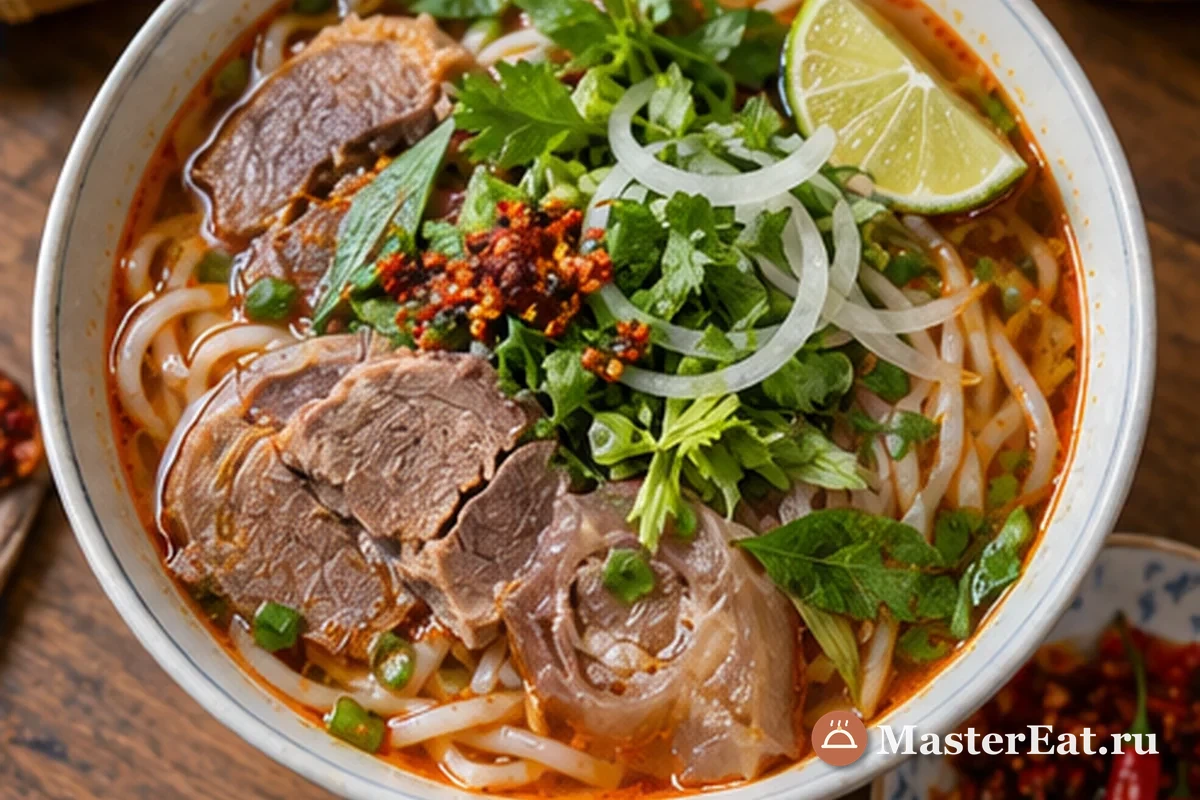 Готовый бун бо Хюэ подают с мясом, лапшой, зеленью и лаймом