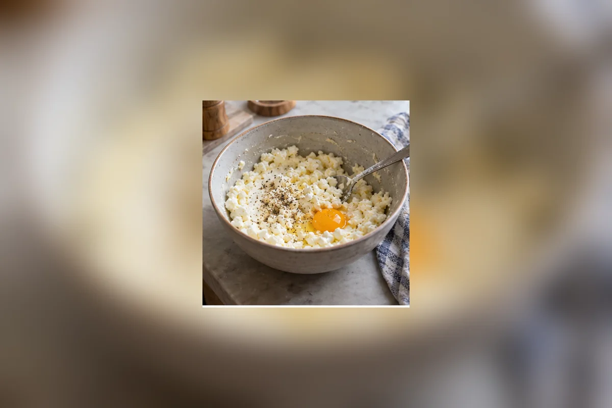Шаг 2: Смешайте фету, творог, полутвёрдый сыр, одно яйцо и чёрный перец до густой начинки.