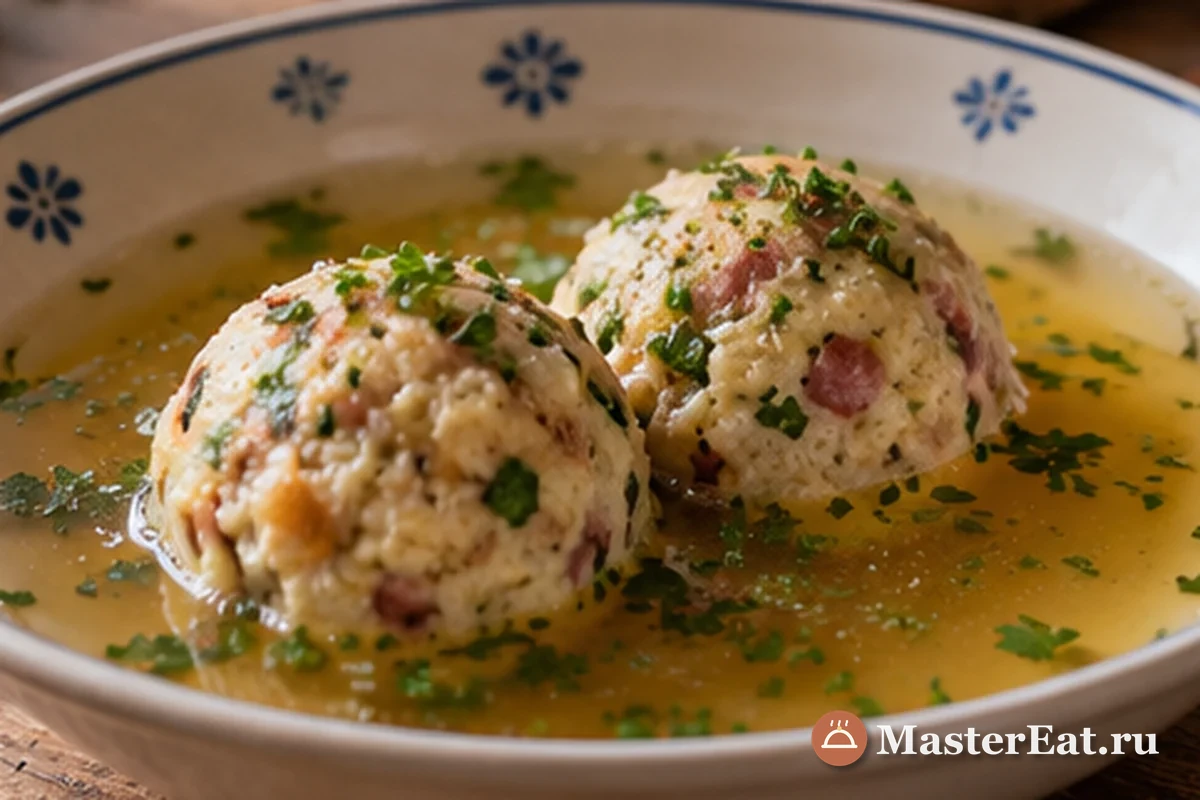 Канедерли мягко варятся в мясном бульоне и подаются со шнитт-луком