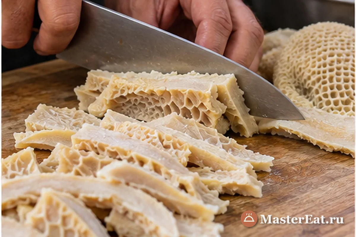 Кау-кау с говяжьим рубцом и картофелем: Очищенный отварной говяжий рубец нарезают небольшими полосками на разделочной доске.