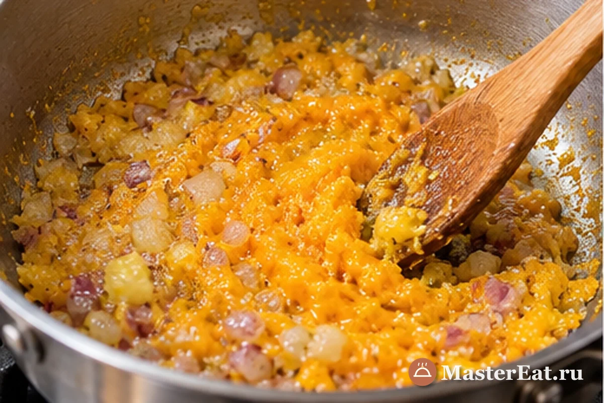 Кау-кау с говяжьим рубцом и картофелем: Лук и чеснок обжаривают с пастой ахи амарильо, кумином и орегано в кастрюле.