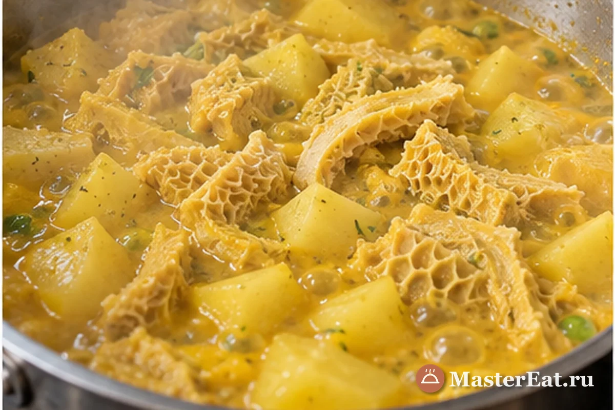Кау-кау с говяжьим рубцом и картофелем: Кусочки рубца и картофеля тушатся в жёлтом пряном соусе под крышкой.