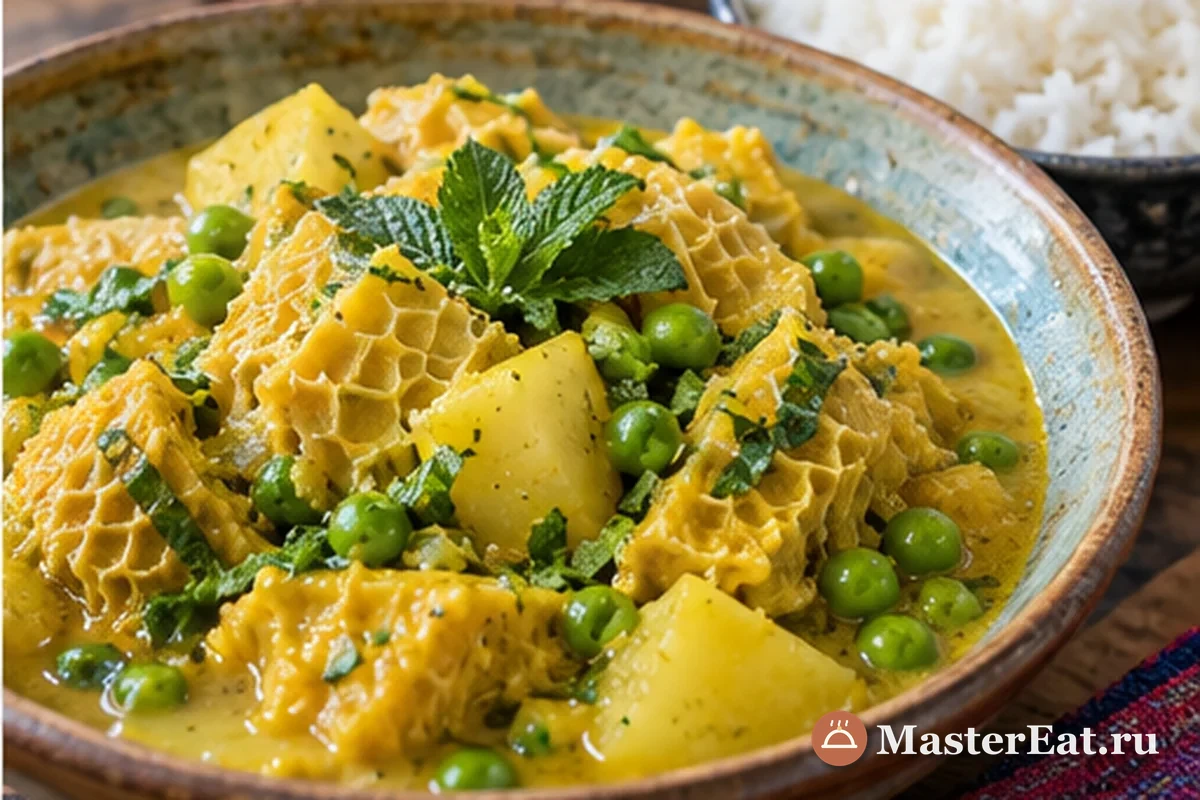 Кау-кау с говяжьим рубцом и картофелем: Готовый кау-кау с картофелем, горошком и мятой подан в глубокой тарелке рядом с белым рисом.