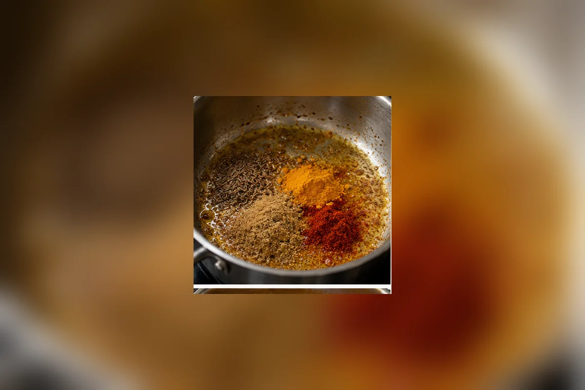 Шаг 4: Всыпьте кориандр, кумин, куркуму и чили, прогрейте 30 секунд.