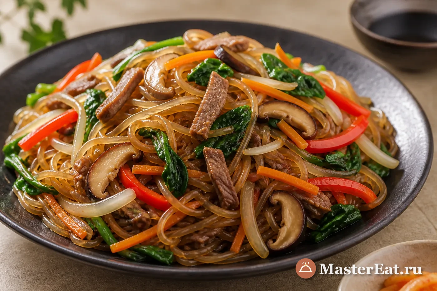 Корейская стеклянная лапша чапче с говядиной, грибами и овощами